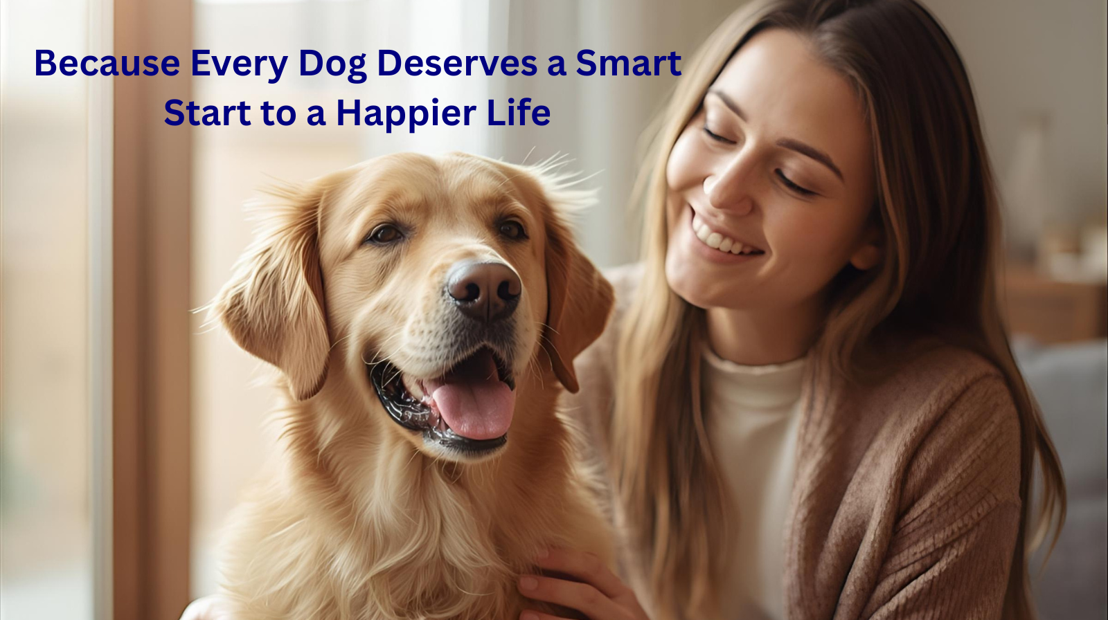 Smiling woman sitting with her happy senior dog in a cozy living room, soft natural light, warm beige and teal tones — representing dog wellness, love, and care