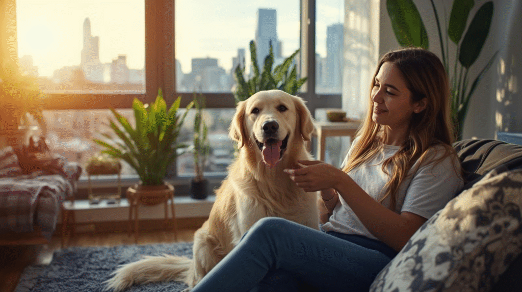 A Senior dog sitting comfortably beside her owner inside a cozy apartment, enjoying calm bonding time.
